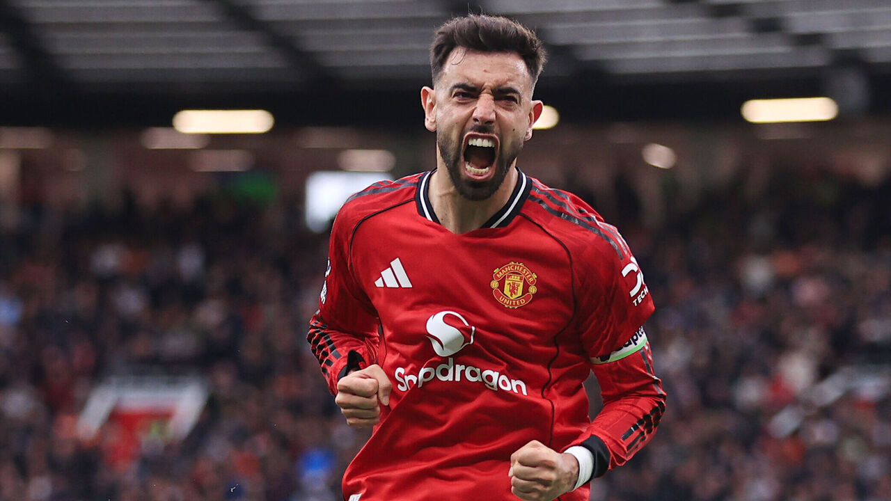 MANCHESTER, ENGLAND - MAY 3: Bruno Fernandes of Manchester United celebrates their 3rd goal during the Premier League match between Manchester United and Liverpool at Old Trafford on May 3, 2026 in Manchester, United Kingdom.