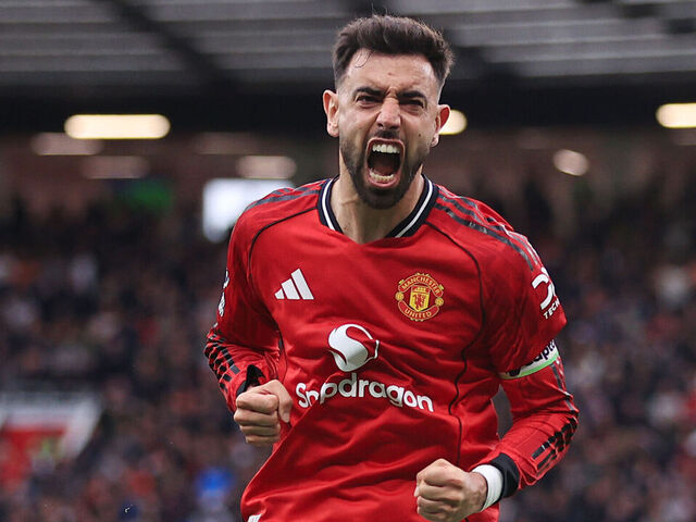 MANCHESTER, ENGLAND - MAY 3: Bruno Fernandes of Manchester United celebrates their 3rd goal during the Premier League match between Manchester United and Liverpool at Old Trafford on May 3, 2026 in Manchester, United Kingdom.