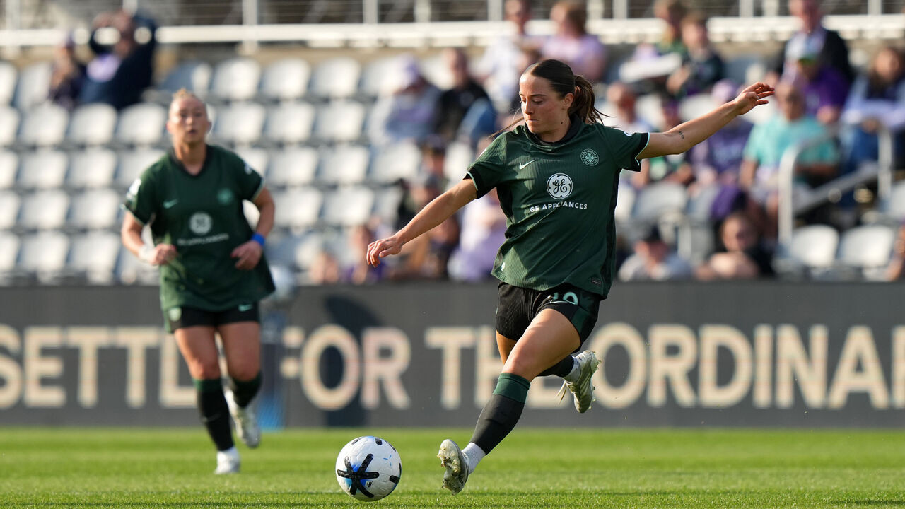 LOUISVILLE, KENTUCKY - MAY 08: Katie O'Kane #20 of Racing Louisville FC shoots during the NWSL match between Racing Louisville FC and Portland Thorns FC at Lynn Family Stadium on May 08, 2026 in Louisville, Kentucky.