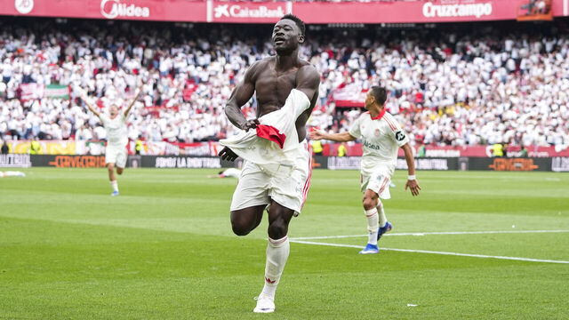 SEVILLA, SPAIN - MAY 09: Akor Adams of Sevilla FC celebrates a goal during the Spanish league, LaLiga EA Sports, football match played between Sevilla FC and RCD Espanyol at Ramon Sanchez-Pizjuan stadium on May 9, 2026, in Sevilla, Spain.