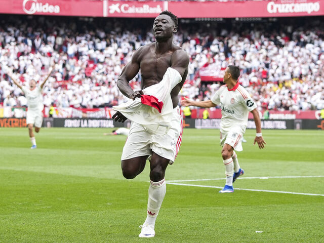 SEVILLA, SPAIN - MAY 09: Akor Adams of Sevilla FC celebrates a goal during the Spanish league, LaLiga EA Sports, football match played between Sevilla FC and RCD Espanyol at Ramon Sanchez-Pizjuan stadium on May 9, 2026, in Sevilla, Spain.