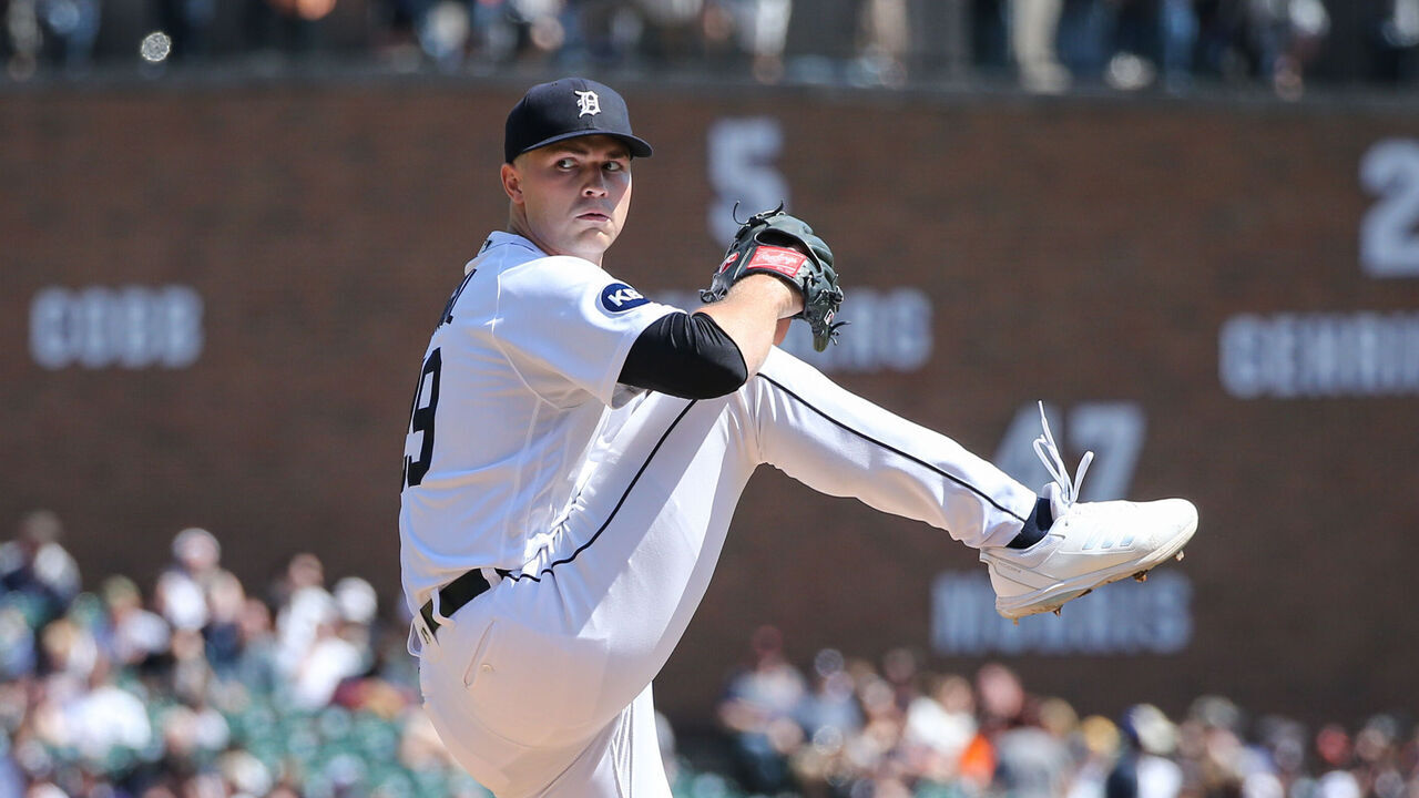 DETROIT, MI - APRIL 23: Detroit Tigers starting pitcher Tarik Skubal (29) pitches during a regular season Major League Baseball game between the Colorado Rockies and the Detroit Tigers on April 23, 2022 at Comerica Park in Detroit, Michigan.