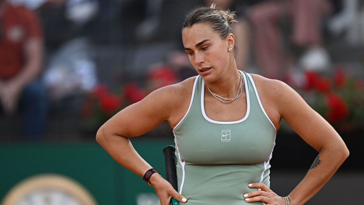 Belarus' Aryna Sabalenka reacts during her match against Romania's Sorana Cirstea during the WTA Rome Open tennis tournament at Foro Italico in Rome on May 9, 2026.