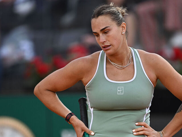 Belarus' Aryna Sabalenka reacts during her match against Romania's Sorana Cirstea during the WTA Rome Open tennis tournament at Foro Italico in Rome on May 9, 2026.