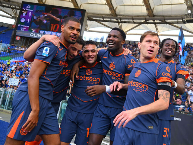 ROME, ITALY - MAY 09: Lautaro Martinez of FC Internazionale celebrates with team-mates after scoring the goal during the Serie A match between SS Lazio and FC Internazionale at Stadio Olimpico on May 09, 2026 in Rome, Italy.