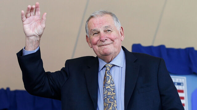 COOPERSTOWN, NY - JULY 29: Hall of Famer Bobby Cox is introduced at Clark Sports Center during the Baseball Hall of Fame induction ceremony on July 29, 2018 in Cooperstown, New York.