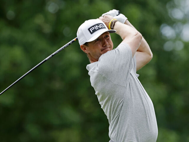 CHARLOTTE, NC - MAY 09: Mackenzie Hughes of Canada hits a tee shot at the eighteenth hole during the third round of the Truist Championship 2026 at Quail Hollow Country Club on May 09, 2026 in Charlotte, North Carolina.