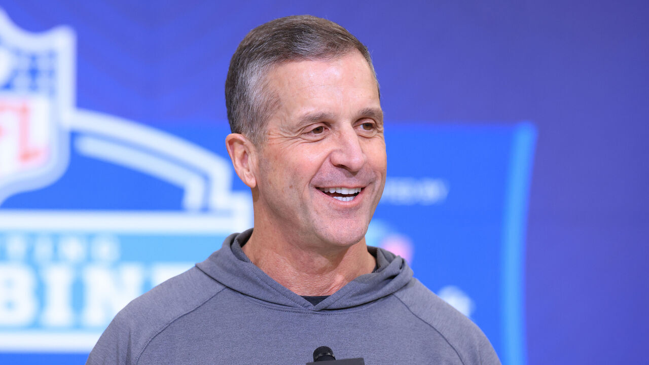 INDIANAPOLIS, INDIANA - FEBRUARY 24: Head coach John Harbaugh of the New York Giants speaks to the media during the 2026 NFL Scouting Combine at Lucas Oil Stadium on February 24, 2026 in Indianapolis, Indiana.