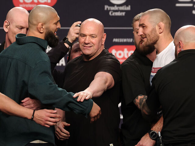 NEWARK, NEW JERSEY - MAY 07: (L-R) Opponents Khamzat Chimaev of Russia and Sean Strickland face off during the UFC 328 press conference at Prudential Center on May 07, 2026 in Newark, New Jersey.