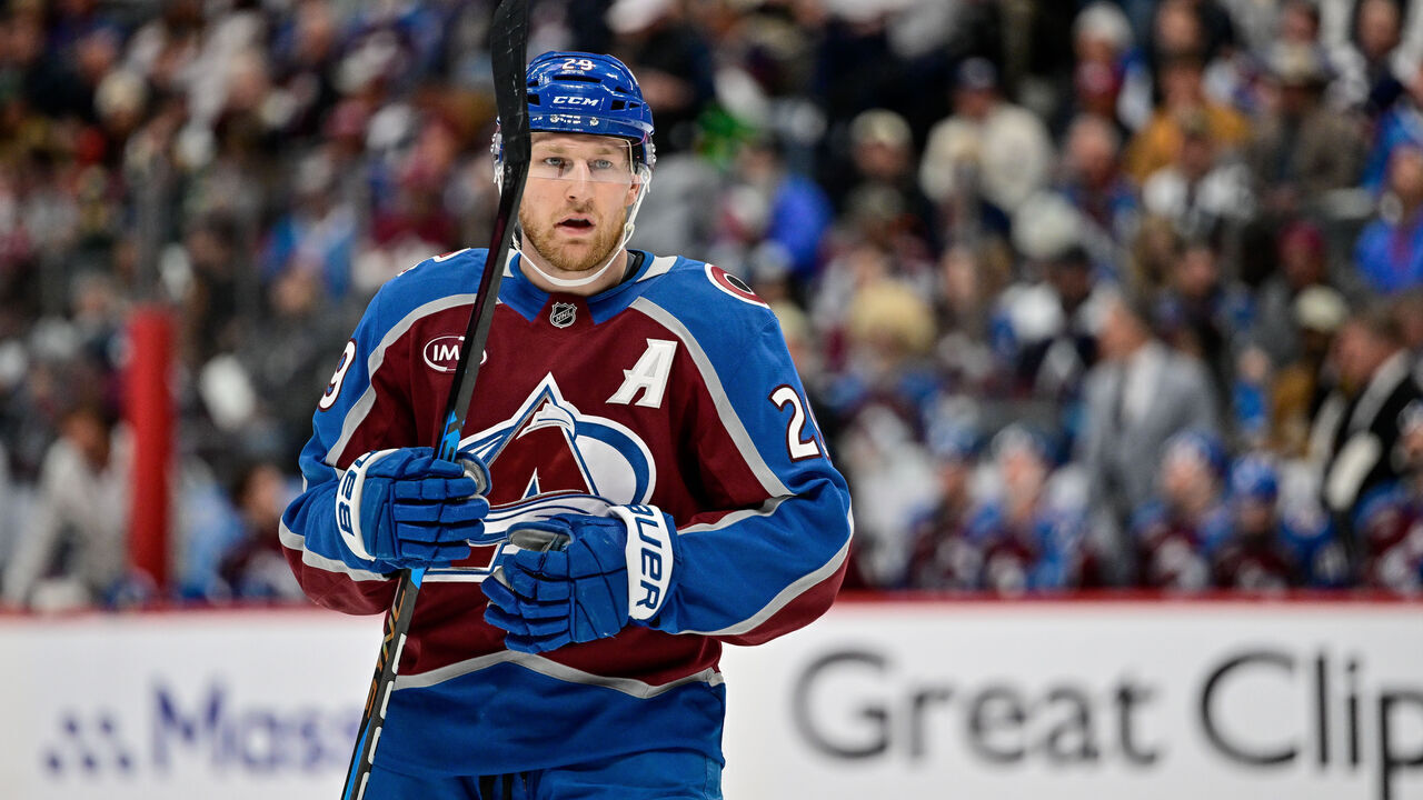 DENVER, CO - MAY 5: Colorado Avalanche center Nathan MacKinnon (29) looks on during a break in the action in the second period of the Minnesota Wild versus Colorado Avalanche game two Stanley Cup Playoffs Second Round game at Ball Arena in Denver, Colorado on May 5, 2026.
