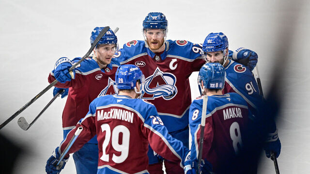 DENVER, CO - MAY 5: Colorado Avalanche players including center Martin Necas (88), left wing Gabriel Landeskog (92), center Nazem Kadri (91), and defenseman Cale Makar (8) celebrate after a goal by center Nathan MacKinnon (29) in the third period of the Minnesota Wild versus Colorado Avalanche game two Stanley Cup Playoffs Second Round game at Ball Arena in Denver, Colorado on May 5, 2026.