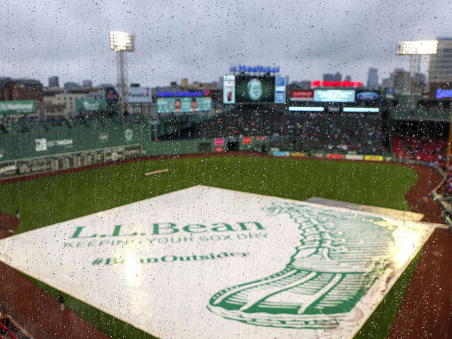 Boston, MA - September 21: The view from the Press Box of rain drops covering the windows. The game between the Boston Red Sox and the Minnesota Twins was postponed due to weather.
