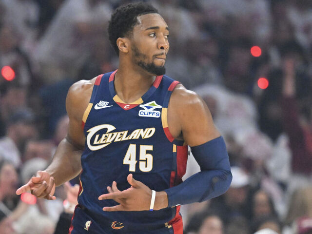 CLEVELAND, OHIO - MAY 09: Donovan Mitchell #45 of the Cleveland Cavaliers celebrates after a basket against the Detroit Pistons during the first quarter in Game Three of the Second Round of the NBA Eastern Conference Playoffs at Rocket Arena on May 09, 2026 in Cleveland, Ohio.