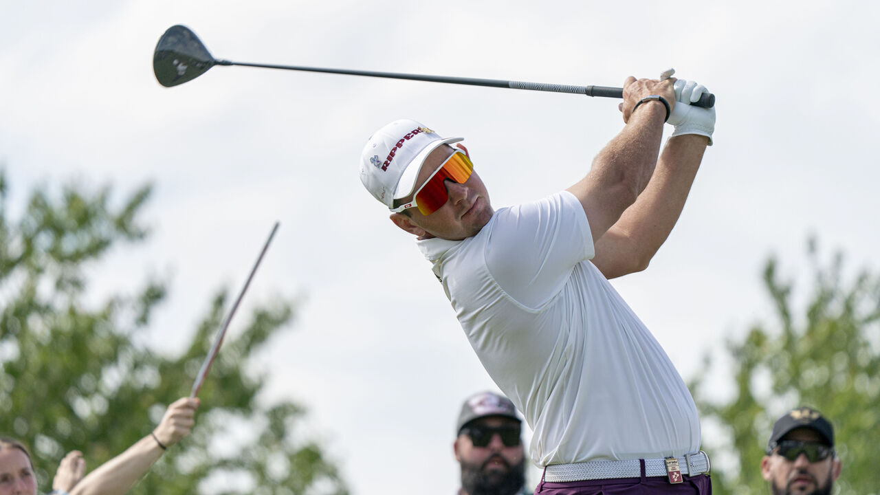 STERLING, VIRGINIA - MAY 09: Lucas Herbert of Ripper GC tees off from the eleventh hole during day 3 of LIV Golf Virginia at Trump National Golf Club on May 9, 2026 in Sterling, Virginia.