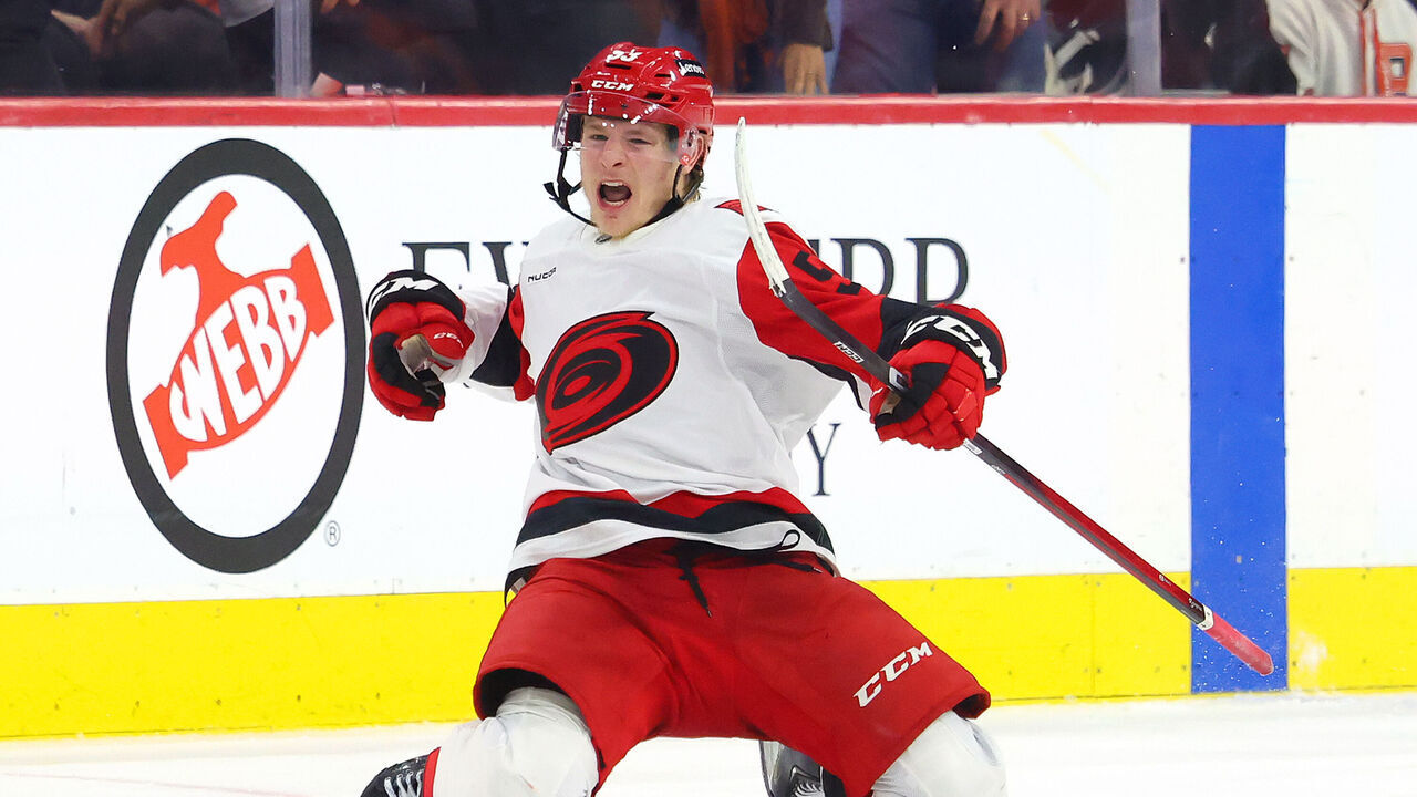 PHILADELPHIA, PENNSYLVANIA - MAY 09: Jackson Blake #53 of the Carolina Hurricanes celebrates after scoring the game winning goal on Dan Vladar #80 of the Philadelphia Flyers during overtime in Game Four of the Second Round of the 2026 Stanley Cup Playoffs at Xfinity Mobile Arena on May 09, 2026 in Philadelphia, Pennsylvania.