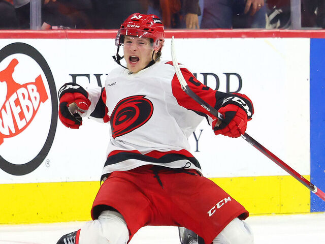 PHILADELPHIA, PENNSYLVANIA - MAY 09: Jackson Blake #53 of the Carolina Hurricanes celebrates after scoring the game winning goal on Dan Vladar #80 of the Philadelphia Flyers during overtime in Game Four of the Second Round of the 2026 Stanley Cup Playoffs at Xfinity Mobile Arena on May 09, 2026 in Philadelphia, Pennsylvania.
