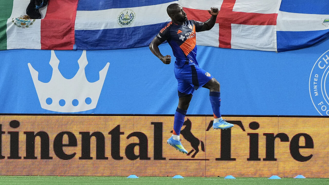CHARLOTTE, NORTH CAROLINA - MAY 09: Kévin Denkey #9 of FC Cincinnati celebrates after scoring a goal during the first half of his match against Charlotte FC at Bank of America Stadium on May 09, 2026 in Charlotte, North Carolina.