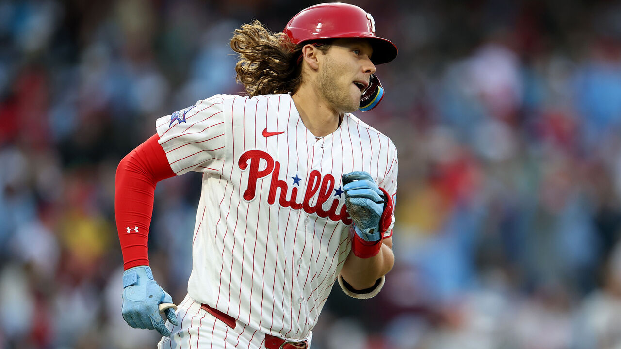 PHILADELPHIA, PENNSYLVANIA - MAY 09: Alec Bohm #28 of the Philadelphia Phillies runs the bases after hitting a solo home run in the third inning during a game against the Colorado Rockies at Citizens Bank Park on May 09, 2026 in Philadelphia, Pennsylvania.