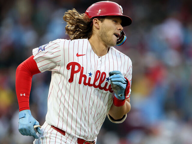 PHILADELPHIA, PENNSYLVANIA - MAY 09: Alec Bohm #28 of the Philadelphia Phillies runs the bases after hitting a solo home run in the third inning during a game against the Colorado Rockies at Citizens Bank Park on May 09, 2026 in Philadelphia, Pennsylvania.