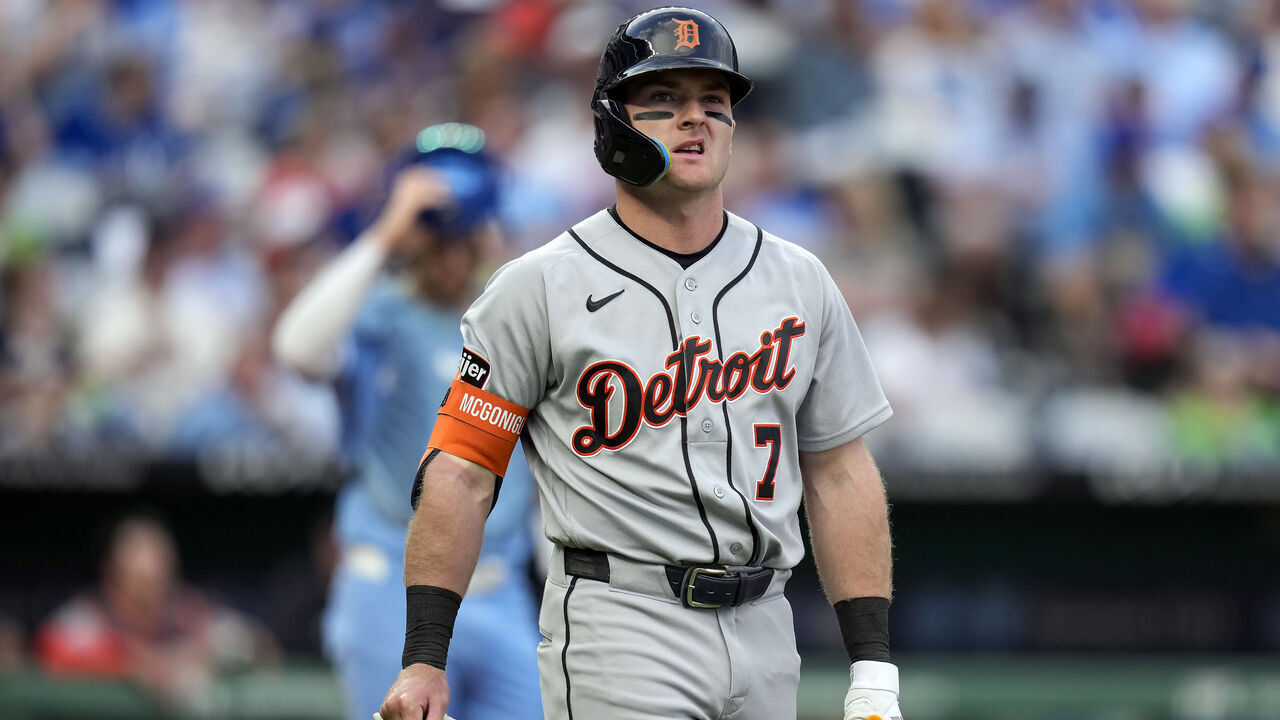 KANSAS CITY, MISSOURI - MAY 09: Kevin McGonigle #7 of the Detroit Tigers reacts after being hit by a pitch during the fifth inning against the Kansas City Royals at Kauffman Stadium on May 09, 2026 in Kansas City, Missouri.
