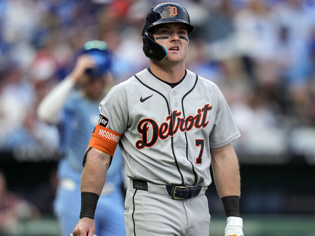 KANSAS CITY, MISSOURI - MAY 09: Kevin McGonigle #7 of the Detroit Tigers reacts after being hit by a pitch during the fifth inning against the Kansas City Royals at Kauffman Stadium on May 09, 2026 in Kansas City, Missouri.