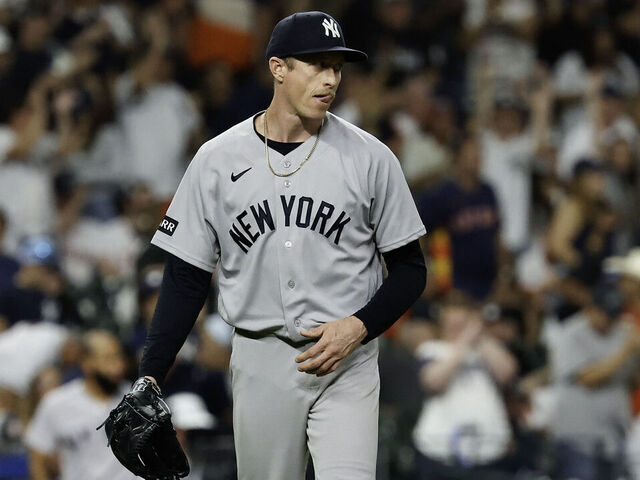 HOUSTON, TEXAS - APRIL 25: Tim Hill #41 of the New York Yankees reacts after defeating the Houston Astros by a score of 8-3 at Daikin Park on April 25, 2026 in Houston, Texas.