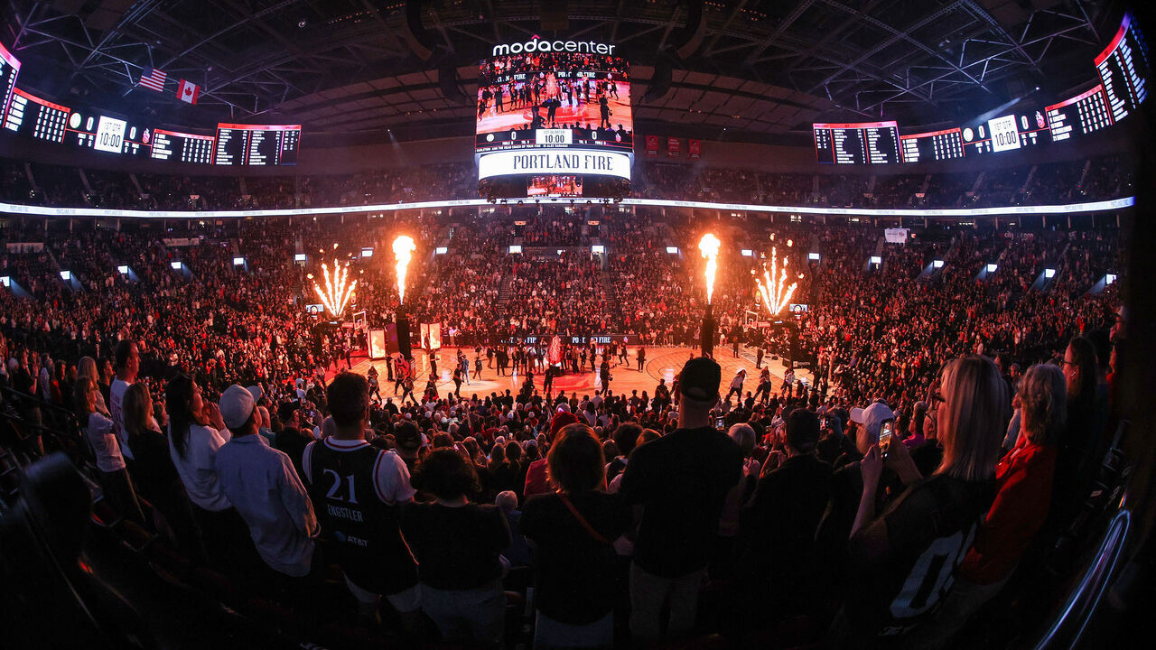 PORTLAND, OREGON - MAY 09: Fans watch Portland Fire player introductions against the Chicago Sky at Moda Center on May 09, 2026 in Portland, Oregon.