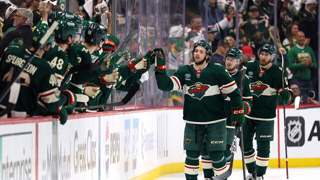 ST PAUL, MINNESOTA - MAY 09: Brock Faber #7 of the Minnesota Wild celebrates with his teammates after scoring a goal on MacKenzie Blackwood #39 of the Colorado Avalanche during the second period in Game Three of the Second Round of the 2026 Stanley Cup Playoffs at Grand Casino Arena on May 09, 2026 in St Paul, Minnesota.