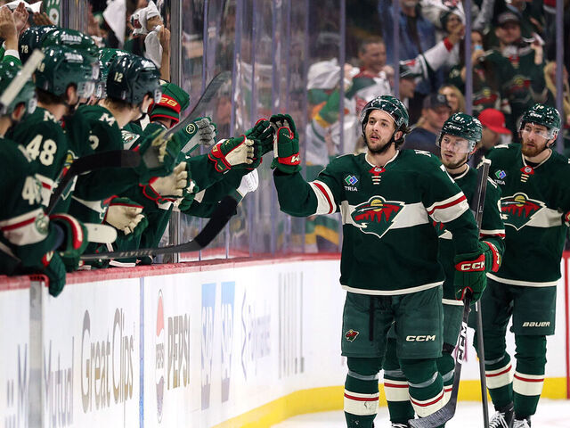 ST PAUL, MINNESOTA - MAY 09: Brock Faber #7 of the Minnesota Wild celebrates with his teammates after scoring a goal on MacKenzie Blackwood #39 of the Colorado Avalanche during the second period in Game Three of the Second Round of the 2026 Stanley Cup Playoffs at Grand Casino Arena on May 09, 2026 in St Paul, Minnesota.