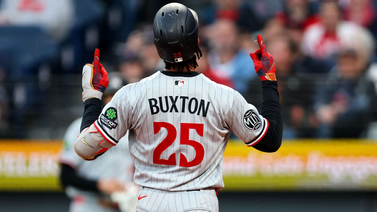 CLEVELAND, OH - MAY 09: Minnesota Twins center fielder Byron Buxton (25) celebrates as he crosses the plate after hitting a home run during the first inning of the Major League Baseball game between the Minnesota Twins and Cleveland Guardians on May 9, 2026, at Progressive Field in Cleveland, OH.