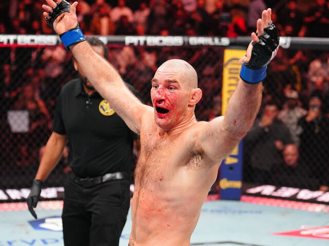 NEWARK, NEW JERSEY - MAY 09: Sean Strickland reacts after the UFC middleweight championship fight against Khamzat Chimaev of Russia during the UFC 328 event at Prudential Center on May 09, 2026 in Newark, New Jersey.