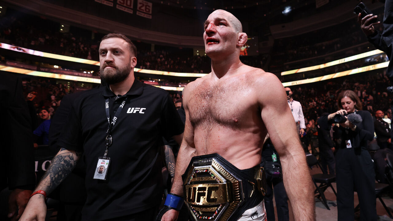 NEWARK, NEW JERSEY - MAY 09: Sean Strickland of the United States exits the ring after his victory via split decision over Khamzat Chimaev of the United Arab Emirates ,not pictured, in a middleweight title bout during UFC 328 at the Prudential Center on May 09, 2026 in Newark, New Jersey.