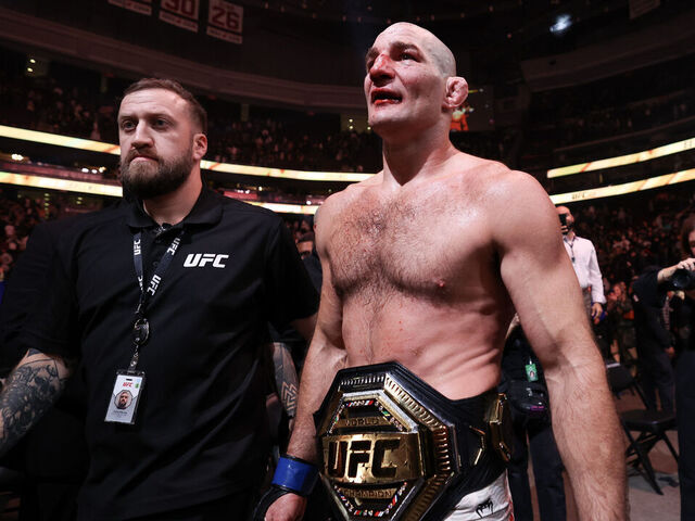 NEWARK, NEW JERSEY - MAY 09: Sean Strickland of the United States exits the ring after his victory via split decision over Khamzat Chimaev of the United Arab Emirates ,not pictured, in a middleweight title bout during UFC 328 at the Prudential Center on May 09, 2026 in Newark, New Jersey.