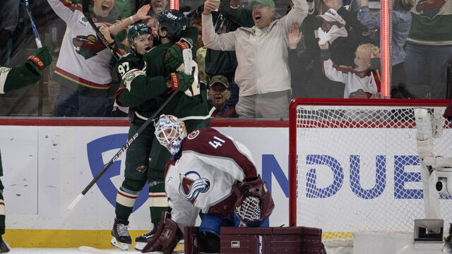 ST PAUL, MINNESOTA - MAY 9: Left wing Kirill Kaprizov (97) of the Minnesota Wild celebrates his goal on goaltender Scott Wedgewood (41) of the Colorado Avalanche during the first period of Game 3 of the second round of the Stanley Cup Playoffs on Saturday, May 9, 2026, at Grand Casino Arena in St. Paul, Minn.