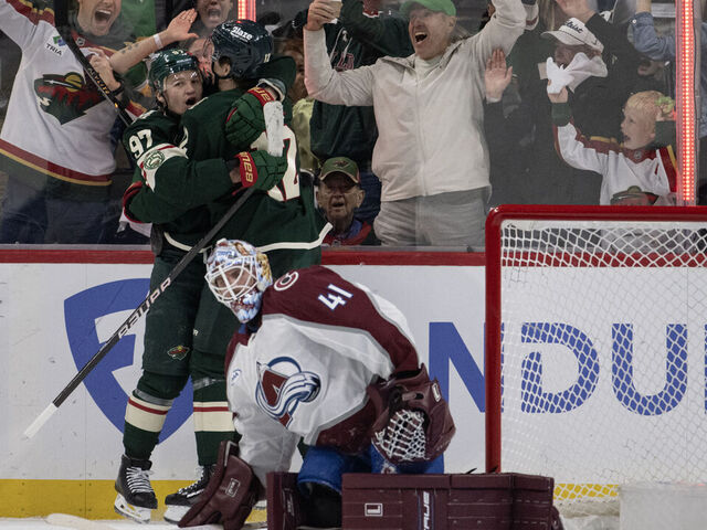 ST PAUL, MINNESOTA - MAY 9: Left wing Kirill Kaprizov (97) of the Minnesota Wild celebrates his goal on goaltender Scott Wedgewood (41) of the Colorado Avalanche during the first period of Game 3 of the second round of the Stanley Cup Playoffs on Saturday, May 9, 2026, at Grand Casino Arena in St. Paul, Minn.