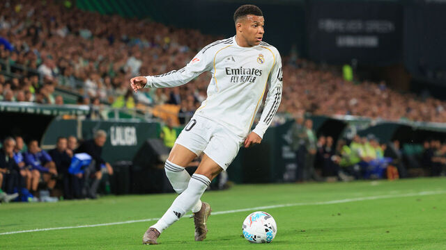 SEVILLE, SPAIN - APRIL 24: Kylian Mbappe of Real Madrid in action during the LaLiga EA Sports match between Real Betis Balompie and Real Madrid CF at Estadio La Cartuja on April 24, 2026 in Seville, Spain.