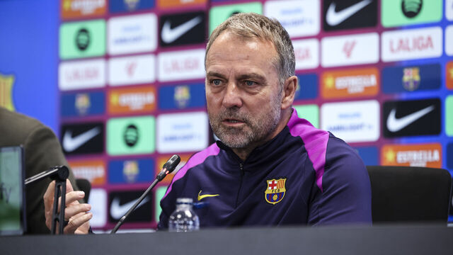 SANT JOAN DESPI, SPAIN - MAY 09: Hansi Flick, head coach of FC Barcelona, attends his press conference during the training day of FC Barcelona ahead the Spanish League, LaLiga EA Sports, football match against Real Madrid C.F. at Ciudad Esportiva Joan Gamper on May 09, 2026 in Sant Joan Despi, Barcelona, Spain.