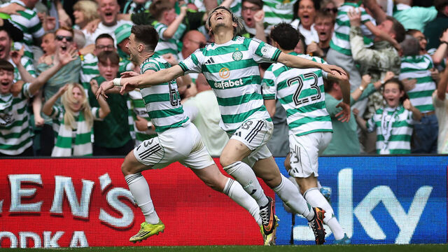 GLASGOW, SCOTLAND - MAY 10: Daizen Maeda of Celtic celebrates after he scores his team's third goal via bicycle kick during the William Hill Premiership match between Celtic and Rangers at Celtic Park on May 10, 2026 in Glasgow, Scotland.