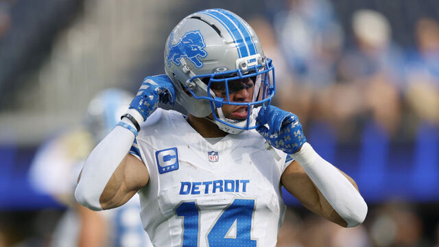 INGLEWOOD, CALIFORNIA - DECEMBER 14: Amon-Ra St. Brown #14 of the Detroit Lions during warm up before the NFL 2025 game against the Los Angeles Rams at SoFi Stadium on December 14, 2025 in Inglewood, California.