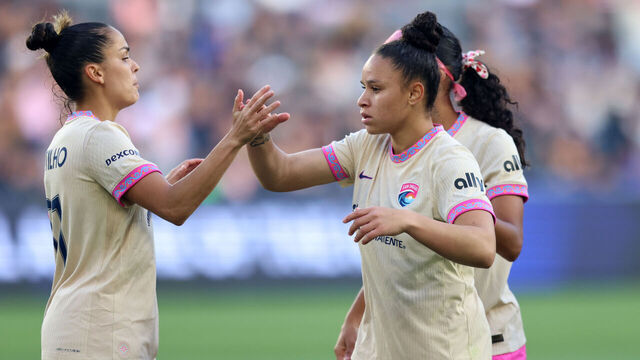 LOS ANGELES, CALIFORNIA - MAY 09: Dudinha #88 of San Diego Wave FC celebrates scoring her team's first goal with teammates Gabi Portilho #81 and Amelia Van Zanten #16 during the NWSL match between Angel City FC and San Diego Wave FC at BMO Stadium on May 09, 2026 in Los Angeles, California.