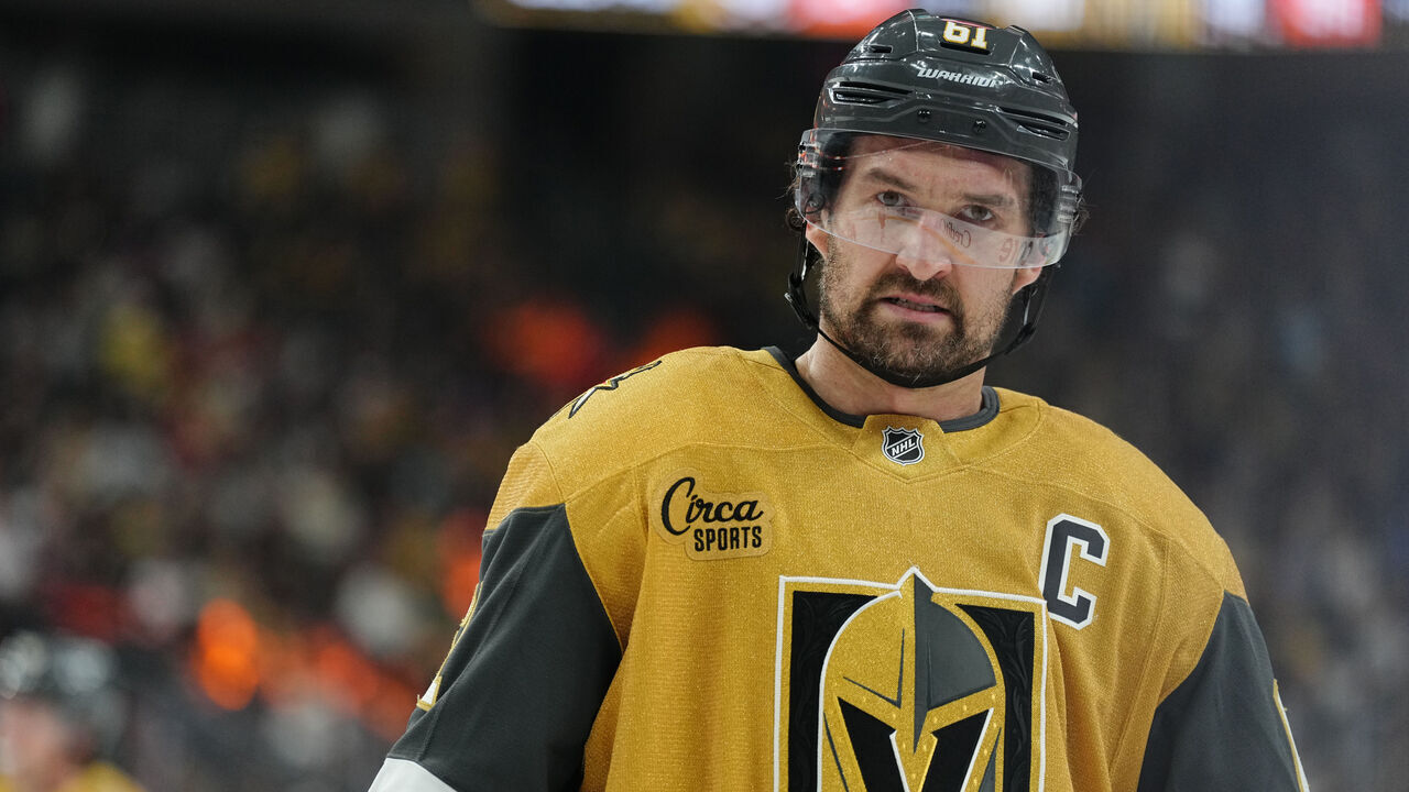 LAS VEGAS, NEVADA - MAY 06: Mark Stone #61 of the Vegas Golden Knights looks on during the third period against the Anaheim Ducks in Game Two of the Second Round of the 2026 Stanley Cup Playoffs at T-Mobile Arena on May 06, 2026 in Las Vegas, Nevada.