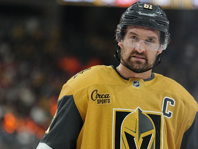 LAS VEGAS, NEVADA - MAY 06: Mark Stone #61 of the Vegas Golden Knights looks on during the third period against the Anaheim Ducks in Game Two of the Second Round of the 2026 Stanley Cup Playoffs at T-Mobile Arena on May 06, 2026 in Las Vegas, Nevada.