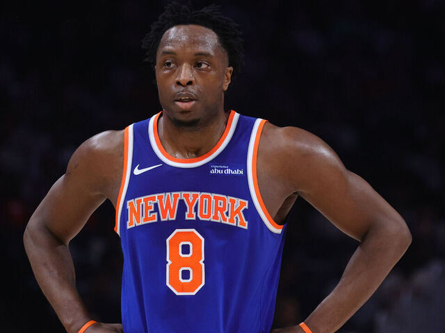ATLANTA, GA - APRIL 30: OG Anunoby #8 of the New York Knicks looks on during the game against the Atlanta Hawks during Round One Game Six of the 2026 NBA Playoffs on April 30, 2026 at State Farm Arena in Atlanta, Georgia. NOTE TO USER: User expressly acknowledges and agrees that, by downloading and/or using this Photograph, user is consenting to the terms and conditions of the Getty Images License Agreement. Mandatory Copyright Notice: Copyright 2026 NBAE