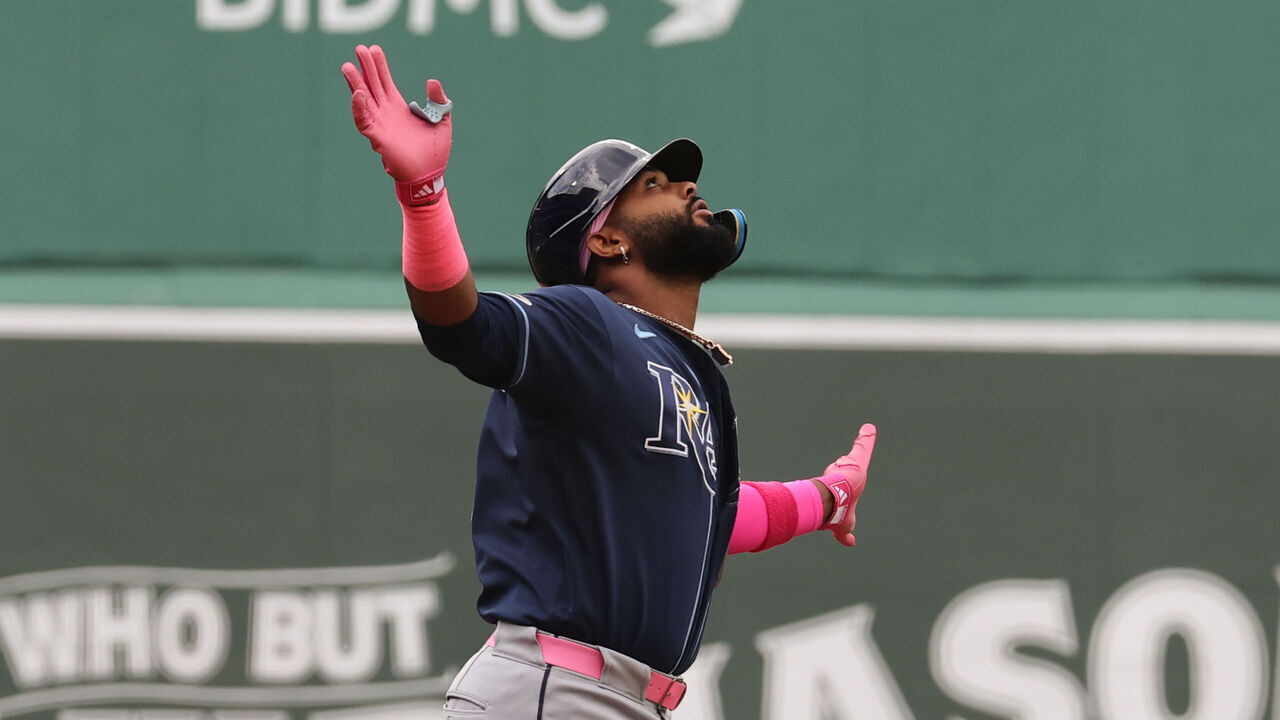 BOSTON, MA - MAY 10: Junior Caminero #13 of the Tampa Bay Rays celebrates as he rounds the bases after his home run against the Boston Red Sox during the first inning at Fenway Park on May 10, 2026 in Boston, Massachusetts.