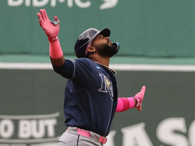 BOSTON, MA - MAY 10: Junior Caminero #13 of the Tampa Bay Rays celebrates as he rounds the bases after his home run against the Boston Red Sox during the first inning at Fenway Park on May 10, 2026 in Boston, Massachusetts.
