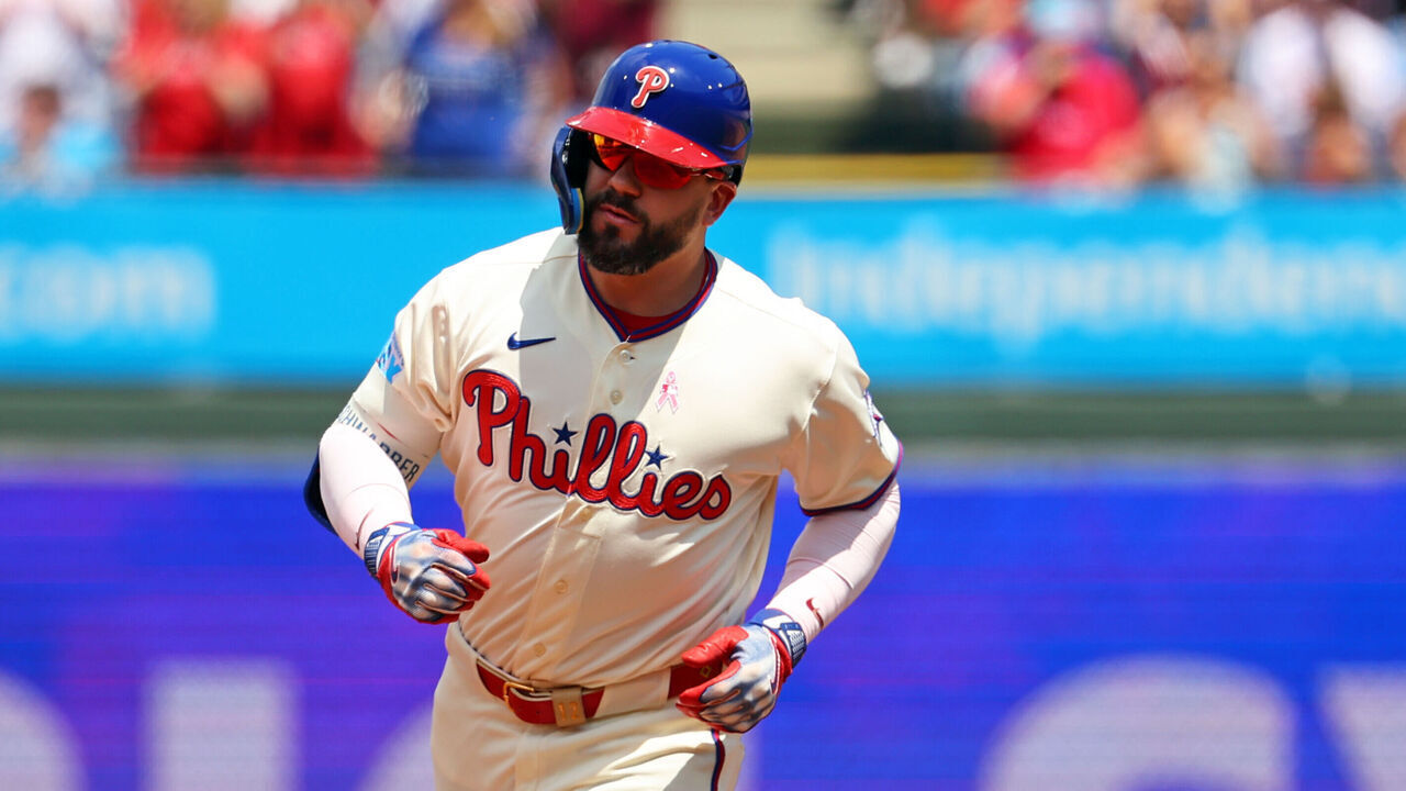 PHILADELPHIA, PENNSYLVANIA - MAY 10: Kyle Schwarber #12 of the Philadelphia Phillies rounds the bases after hitting a solo home run in the first inning during a game against the Colorado Rockies at Citizens Bank Park on May 10, 2026 in Philadelphia, Pennsylvania. The Phillies won 6-0.