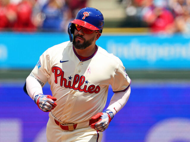 PHILADELPHIA, PENNSYLVANIA - MAY 10: Kyle Schwarber #12 of the Philadelphia Phillies rounds the bases after hitting a solo home run in the first inning during a game against the Colorado Rockies at Citizens Bank Park on May 10, 2026 in Philadelphia, Pennsylvania. The Phillies won 6-0.