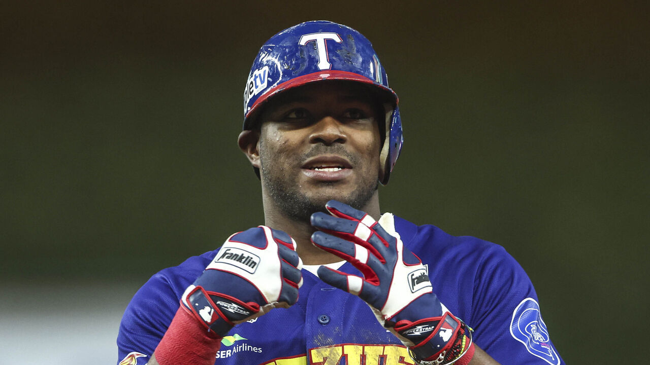 MIAMI, FLORIDA - FEBRUARY 6: Yasiel Puig of Tiburones de La Guaira of Venezuela reacts while standing on first base in the sixth inning during a game between Panama and Venezuela as part of Serie del Caribe 2024 at loanDepot park on February 6, 2024 in Miami, Florida.
