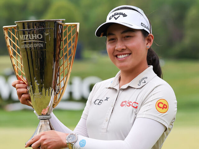 WEST CALDWELL, NJ - MAY 10: Atthaya Thitikul of Thailand celebrates with the Mizuho Americas Open trophy after winning the Mizuho Americas Open on May 10, 2026 at Mountain Ridge Country Club in West Caldwell, New Jersey.