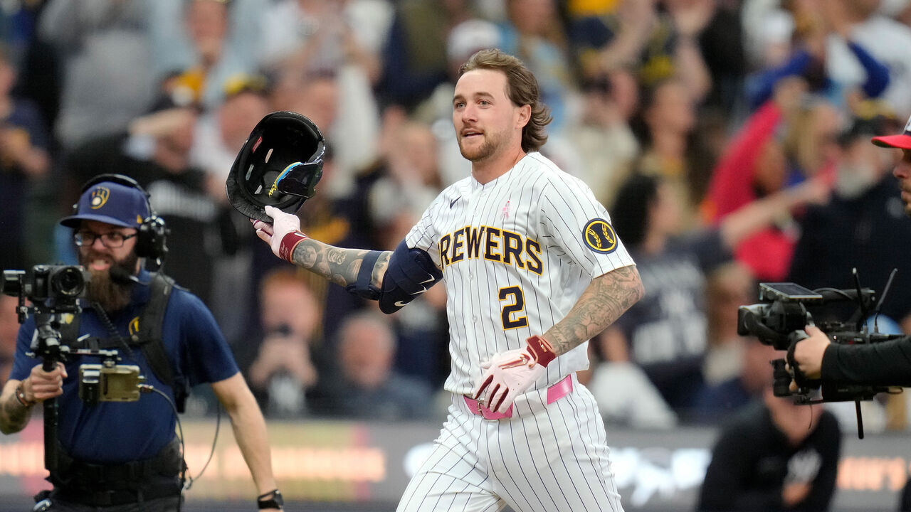 MILWAUKEE, WISCONSIN - MAY 10: Brice Turang #2 of the Milwaukee Brewers runs toward home plate after hitting a walk off home run in the ninth inning against the New York Yankees at American Family Field on May 10, 2026 in Milwaukee, Wisconsin.